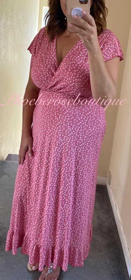 Ditsy Floral Print Wrap Front Frill Hem Dress - Rose Pink - Image 3