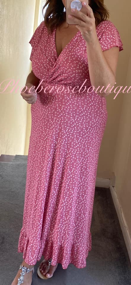 Ditsy Floral Print Wrap Front Frill Hem Dress - Rose Pink
