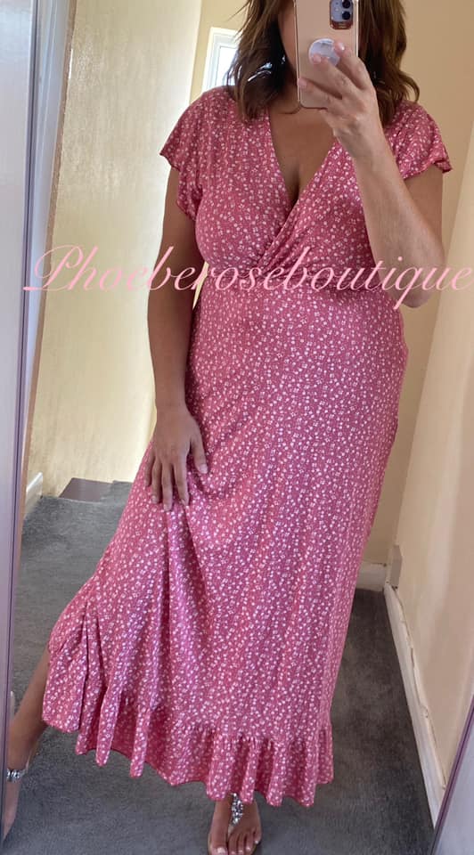 Ditsy Floral Print Wrap Front Frill Hem Dress - Rose Pink