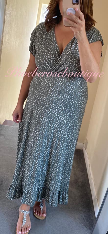 Ditsy Floral Print Wrap Front Frill Hem Dress - Khaki - Image 3