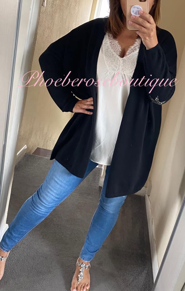 Super Soft Knit Sparkly Star Trim Cardigan- Black