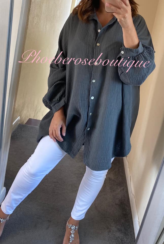 Slouch Fit Cheesecloth Gathered Back Shirt - Dark Grey - Image 3