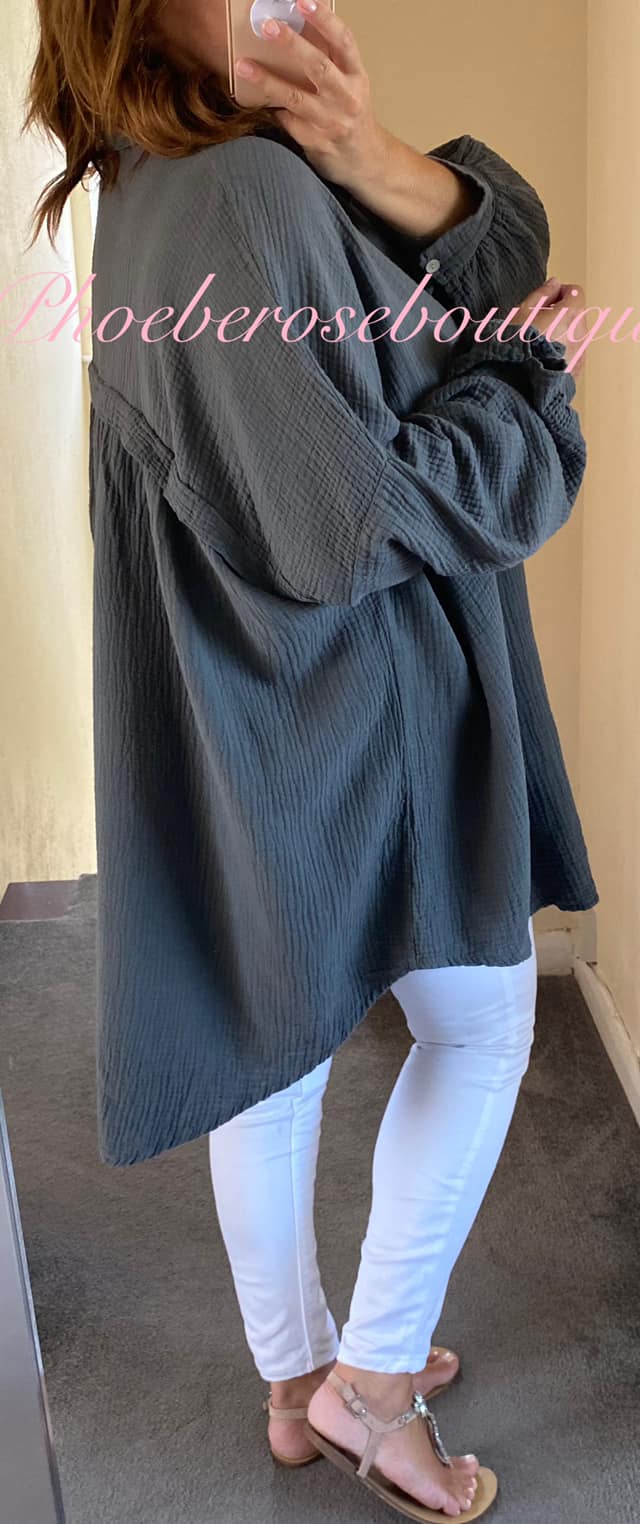 Slouch Fit Cheesecloth Gathered Back Shirt - Dark Grey