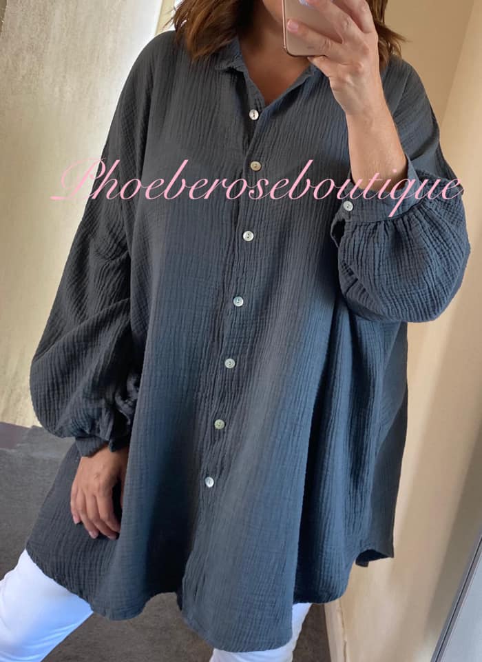 Slouch Fit Cheesecloth Gathered Back Shirt - Dark Grey