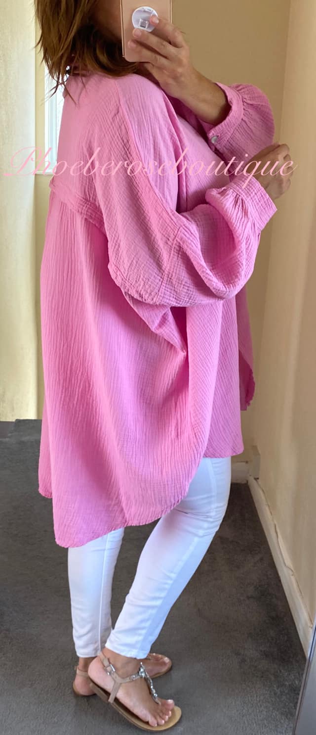 Slouch Fit Cheesecloth Gathered Back Shirt - Bubblegum Pink - Image 3