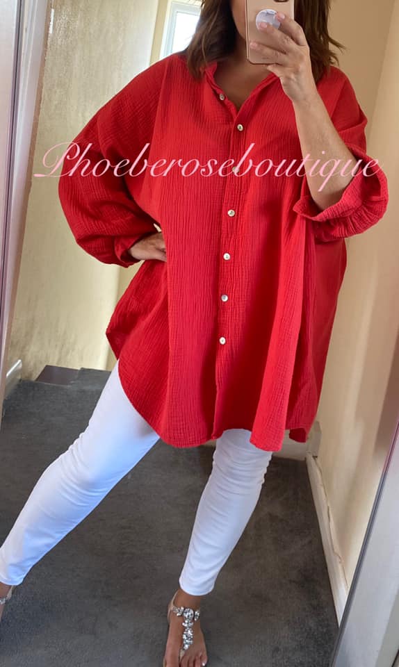 Slouch Fit Cheesecloth Gathered Back Shirt - Coral/Red