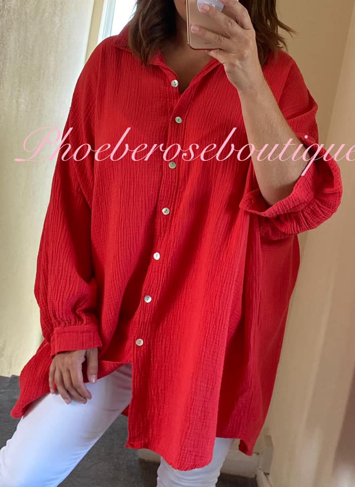 Slouch Fit Cheesecloth Gathered Back Shirt - Coral/Red