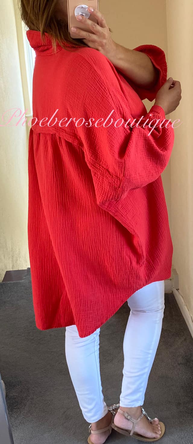Slouch Fit Cheesecloth Gathered Back Shirt - Coral/Red - Image 3