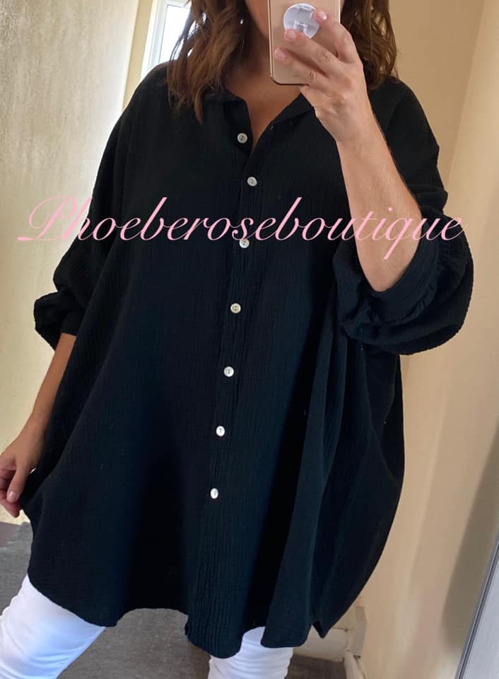 Slouch Fit Cheesecloth Gathered Back Shirt - Black
