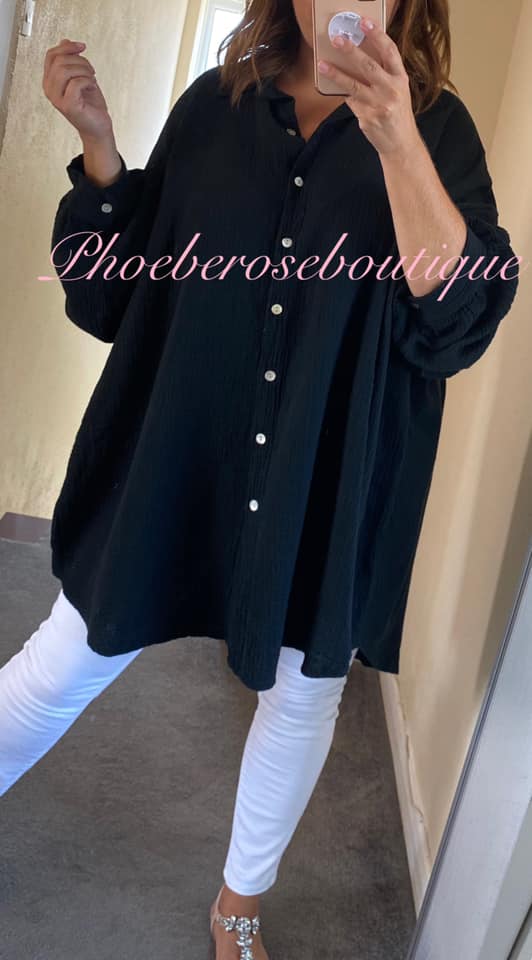 Slouch Fit Cheesecloth Gathered Back Shirt - Black
