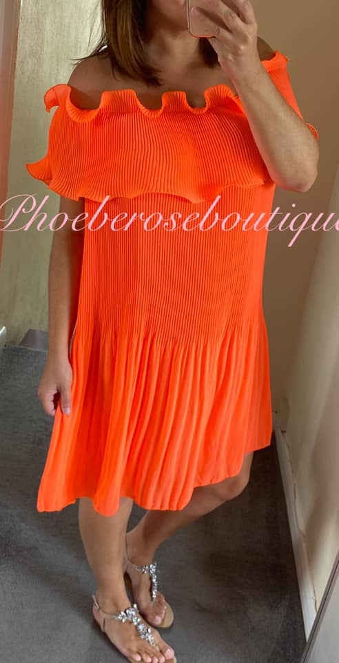 Pleated Chiffon Ruffle Bandeau Dress - Neon Coral - Image 3