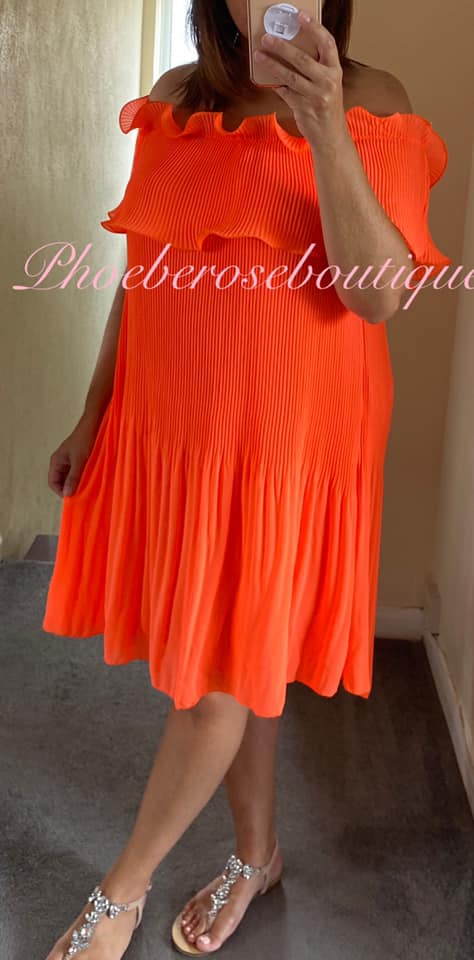Pleated Chiffon Ruffle Bandeau Dress - Neon Coral