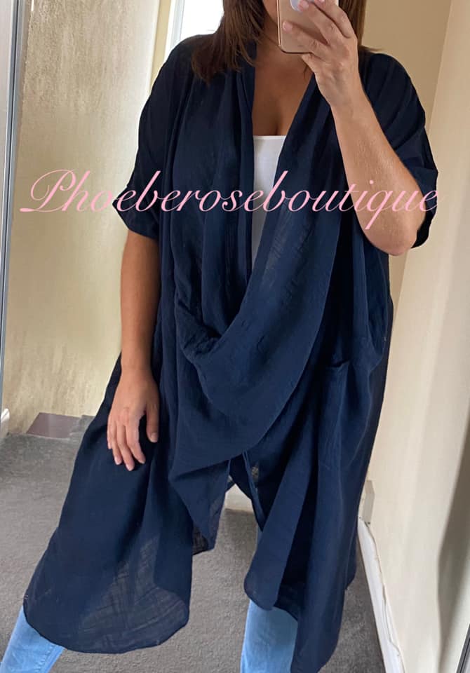 Cowl Neck Oversized Cheesecloth Longline Top - Navy
