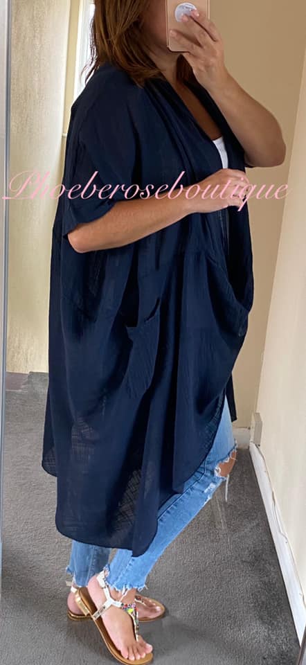 Cowl Neck Oversized Cheesecloth Longline Top - Navy