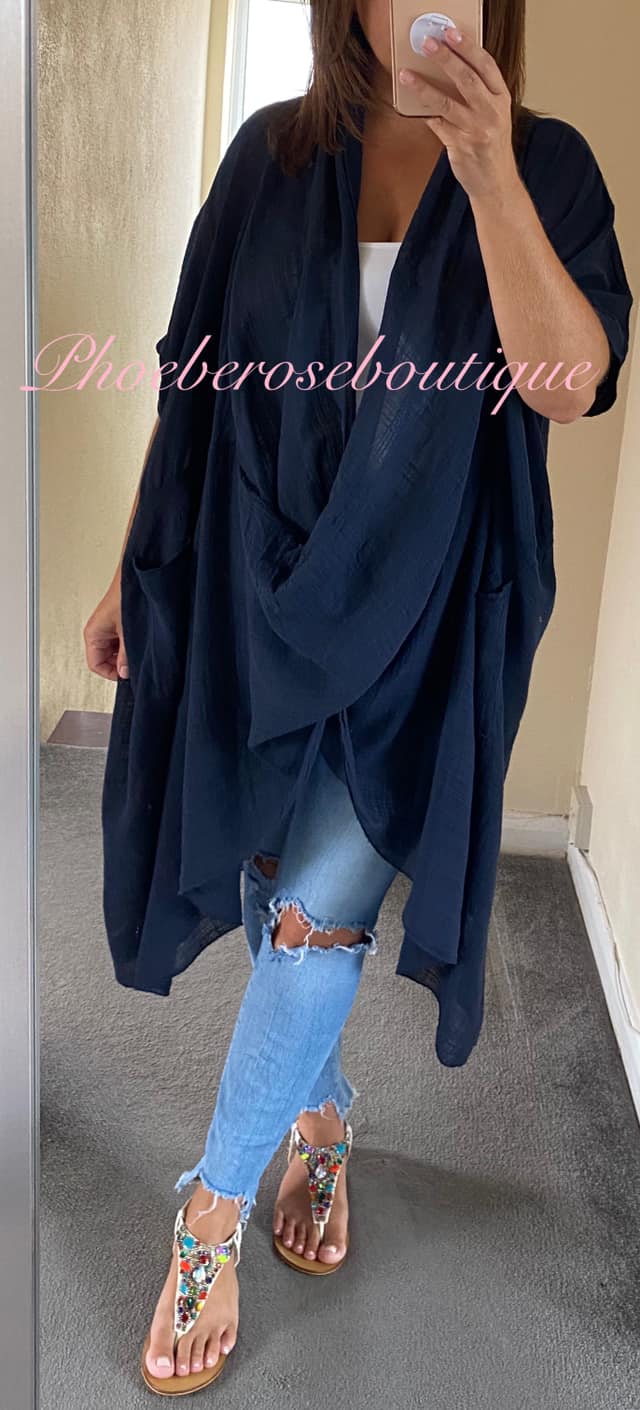Cowl Neck Oversized Cheesecloth Longline Top - Navy - Image 3