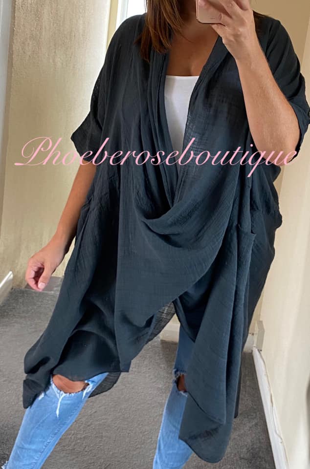 Cowl Neck Oversized Cheesecloth Longline Top - Dark grey