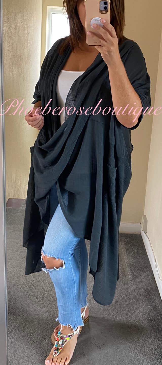Cowl Neck Oversized Cheesecloth Longline Top - Dark grey