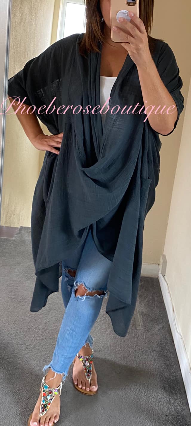 Cowl Neck Oversized Cheesecloth Longline Top - Dark grey - Image 3