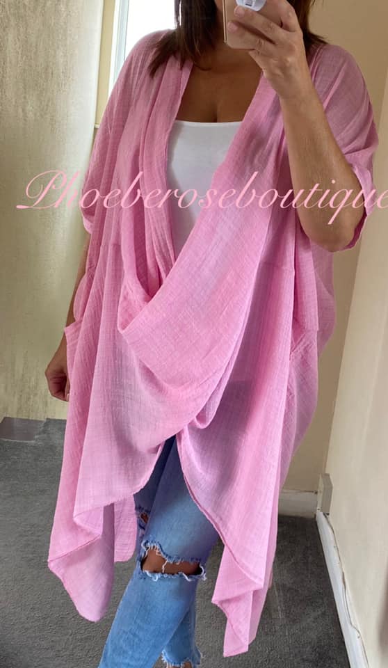 Cowl Neck Oversized Cheesecloth Longline Top - Bubblegum Pink