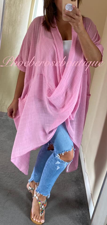 Cowl Neck Oversized Cheesecloth Longline Top - Bubblegum Pink - Image 3