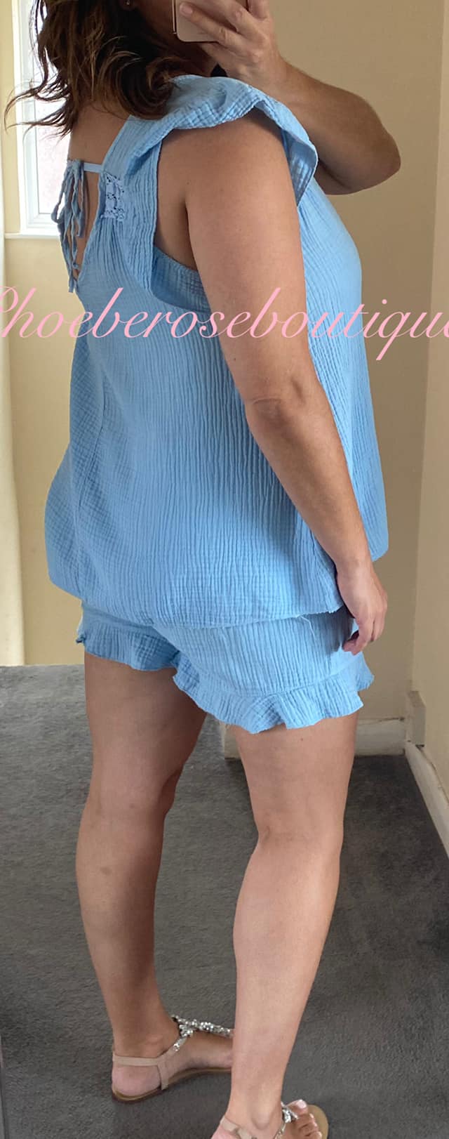 Cheesecloth Tie Back Frill Trim Short Set - Summer Blue - Image 4