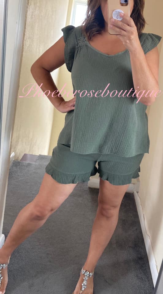Cheesecloth Tie Back Frill Trim Short Set - Khaki - Image 3