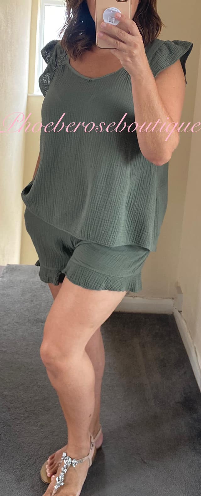 Cheesecloth Tie Back Frill Trim Short Set - Khaki - Image 4