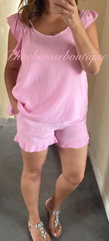 Cheesecloth Tie Back Frill Trim Short Set - Bubblegum Pink - Image 3