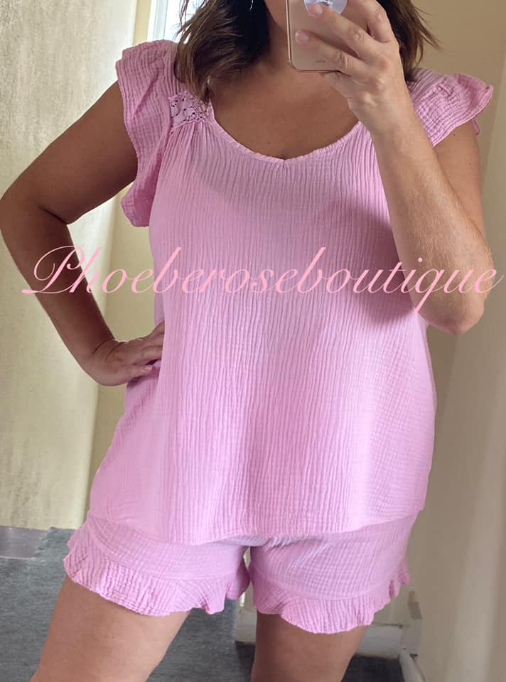 Cheesecloth Tie Back Frill Trim Short Set - Bubblegum Pink