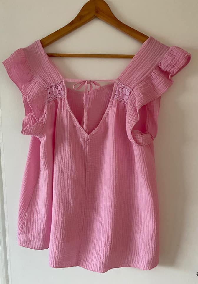 Cheesecloth Tie Back Frill Trim Short Set - Bubblegum Pink