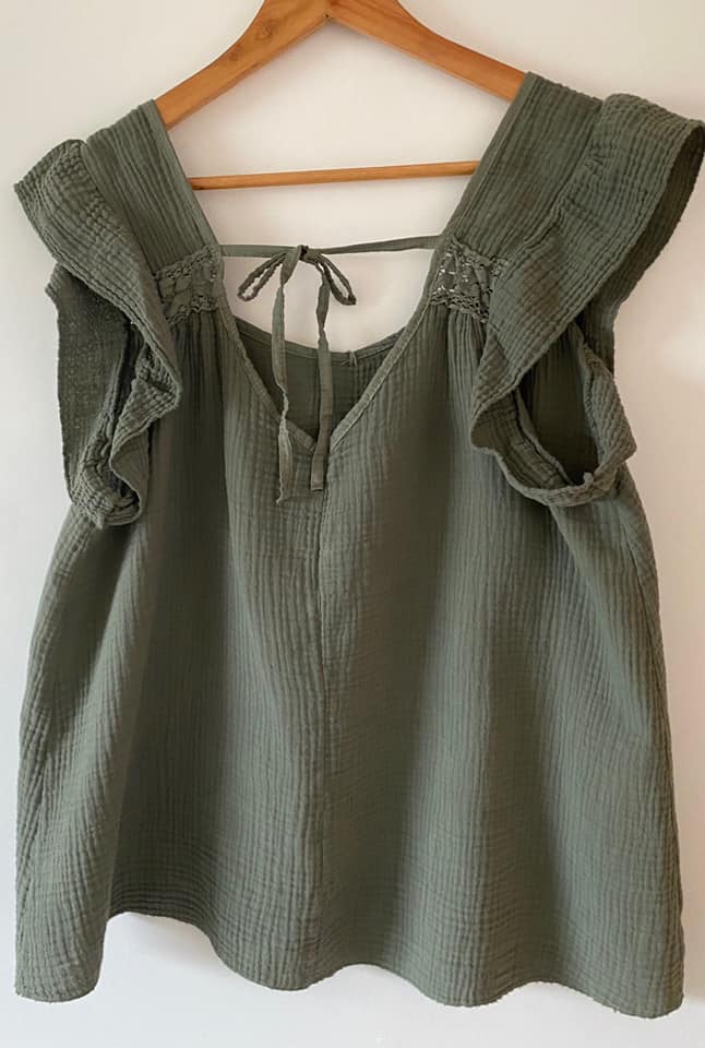 Cheesecloth Tie Back Frill Trim Short Set - Khaki