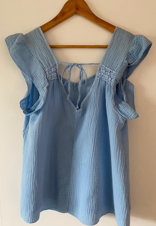 Cheesecloth Tie Back Frill Trim Short Set - Summer Blue