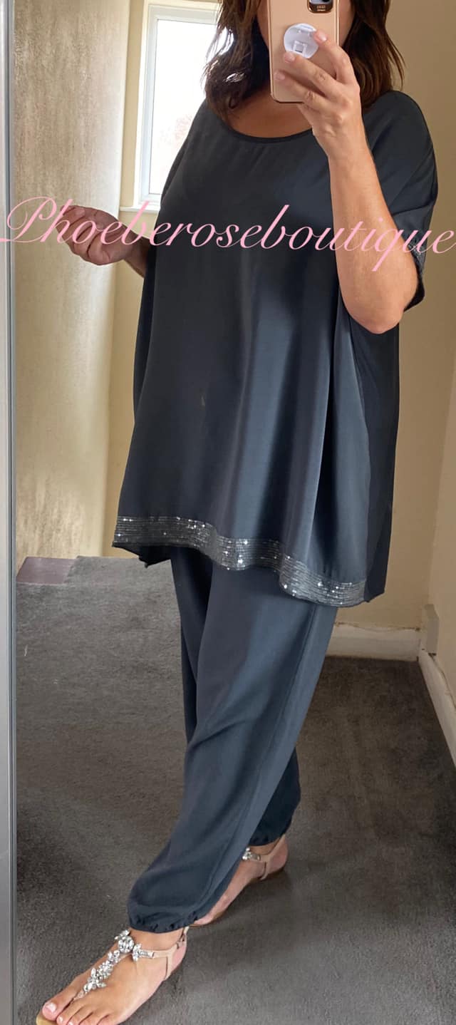 Sequin Trim Lightweight Trousers Suit - Dark Grey - Image 4