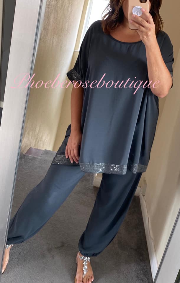Sequin Trim Lightweight Trousers Suit - Dark Grey - Image 3