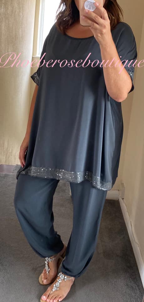 Sequin Trim Lightweight Trousers Suit - Dark Grey