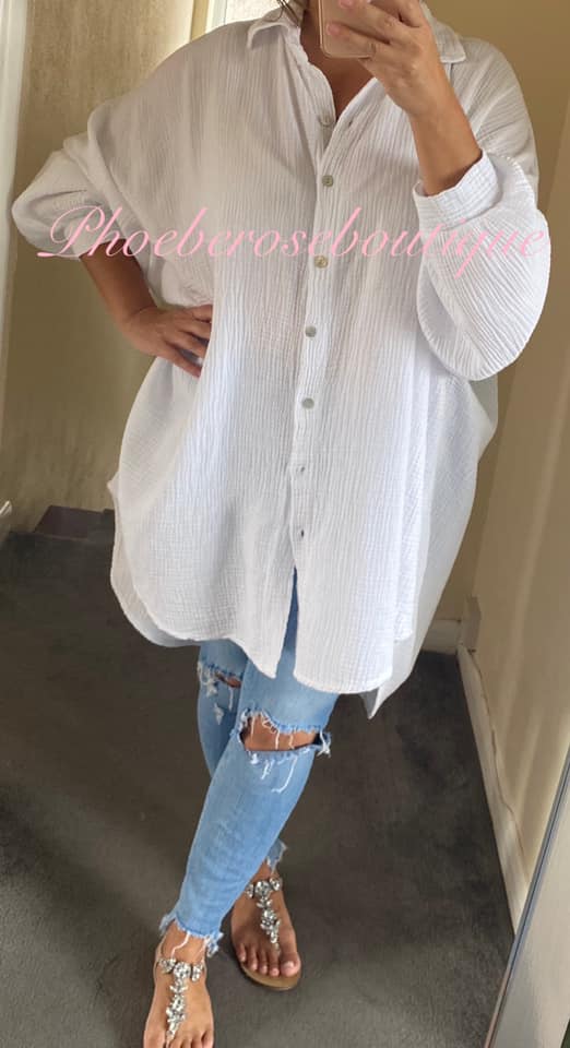 Slouch Fit Cheesecloth Gathered Back Shirt - White