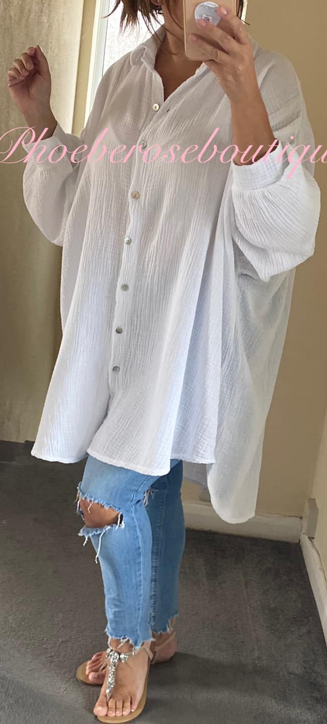 Slouch Fit Cheesecloth Gathered Back Shirt - White - Image 3