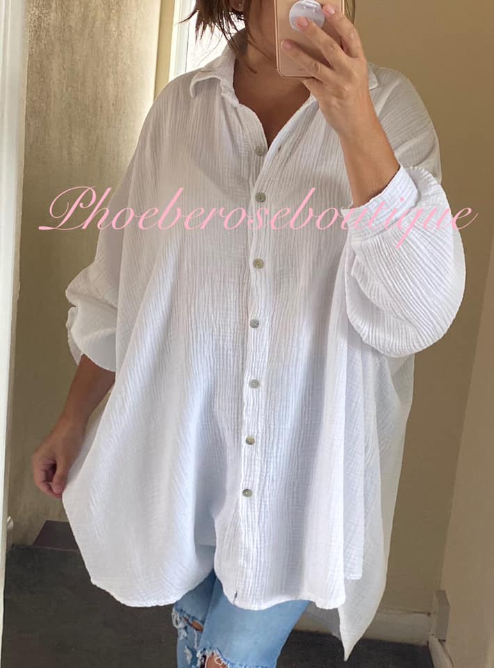 Slouch Fit Cheesecloth Gathered Back Shirt - White