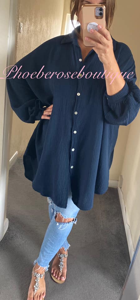 Slouch Fit Cheesecloth Gathered Back Shirt - Navy