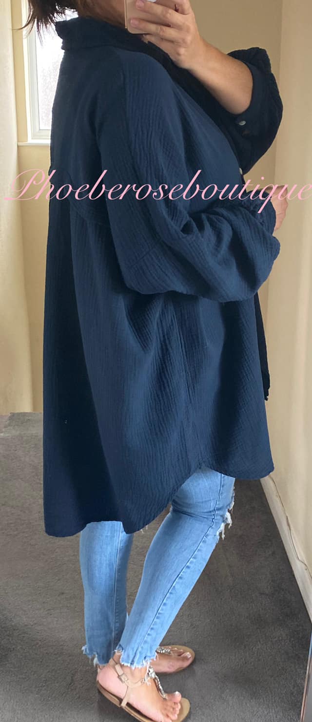 Slouch Fit Cheesecloth Gathered Back Shirt - Navy - Image 3