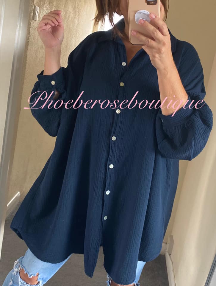 Slouch Fit Cheesecloth Gathered Back Shirt - Navy