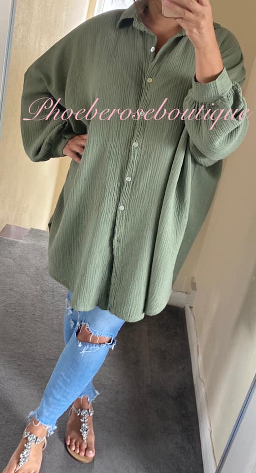 Slouch Fit Cheesecloth Gathered Back Shirt - Khaki - Image 3