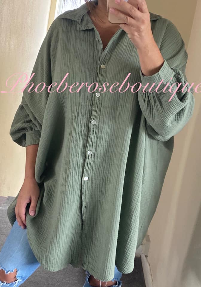 Slouch Fit Cheesecloth Gathered Back Shirt - Khaki
