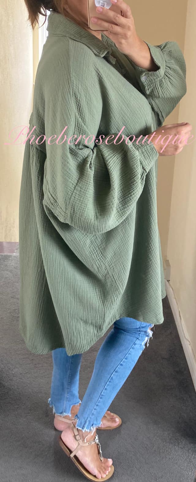 Slouch Fit Cheesecloth Gathered Back Shirt - Khaki