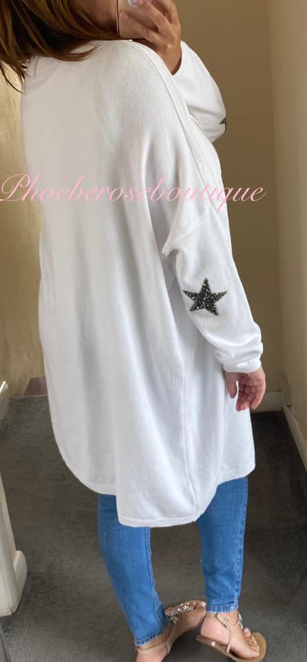 Super Soft Knit Sparkly Star Trim Cardigan- White - Image 3
