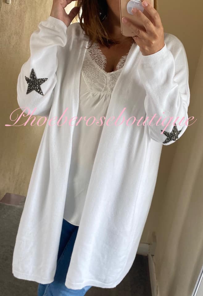 Super Soft Knit Sparkly Star Trim Cardigan- White