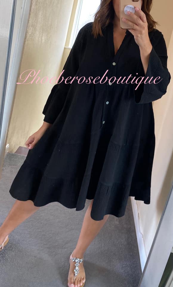 Cheesecloth Frill Sleeve Tiered Smock Dress - Black - Image 3