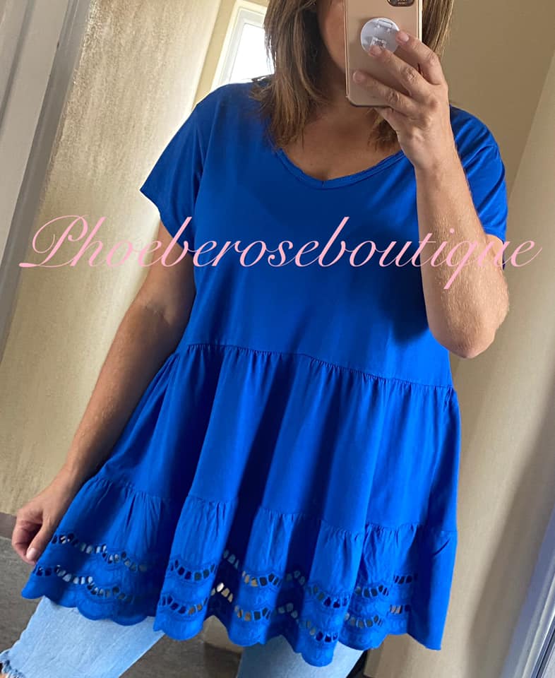 Broderie Hem Tiered Style V Neck Top - Royal Blue