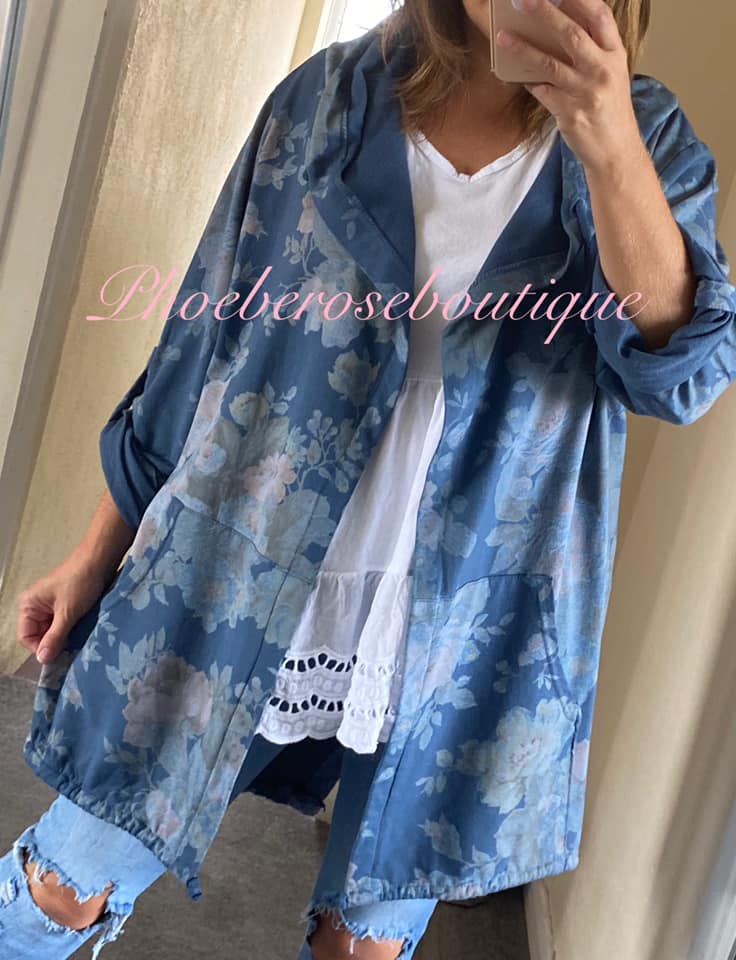 Floral Print Soft Jersey Hooded Jacket - Denim Blue