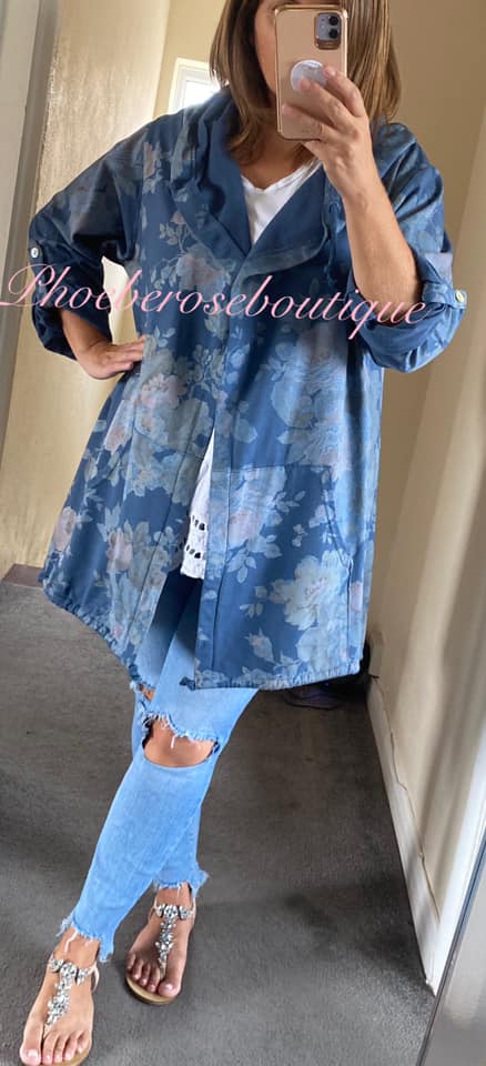 Floral Print Soft Jersey Hooded Jacket - Denim Blue